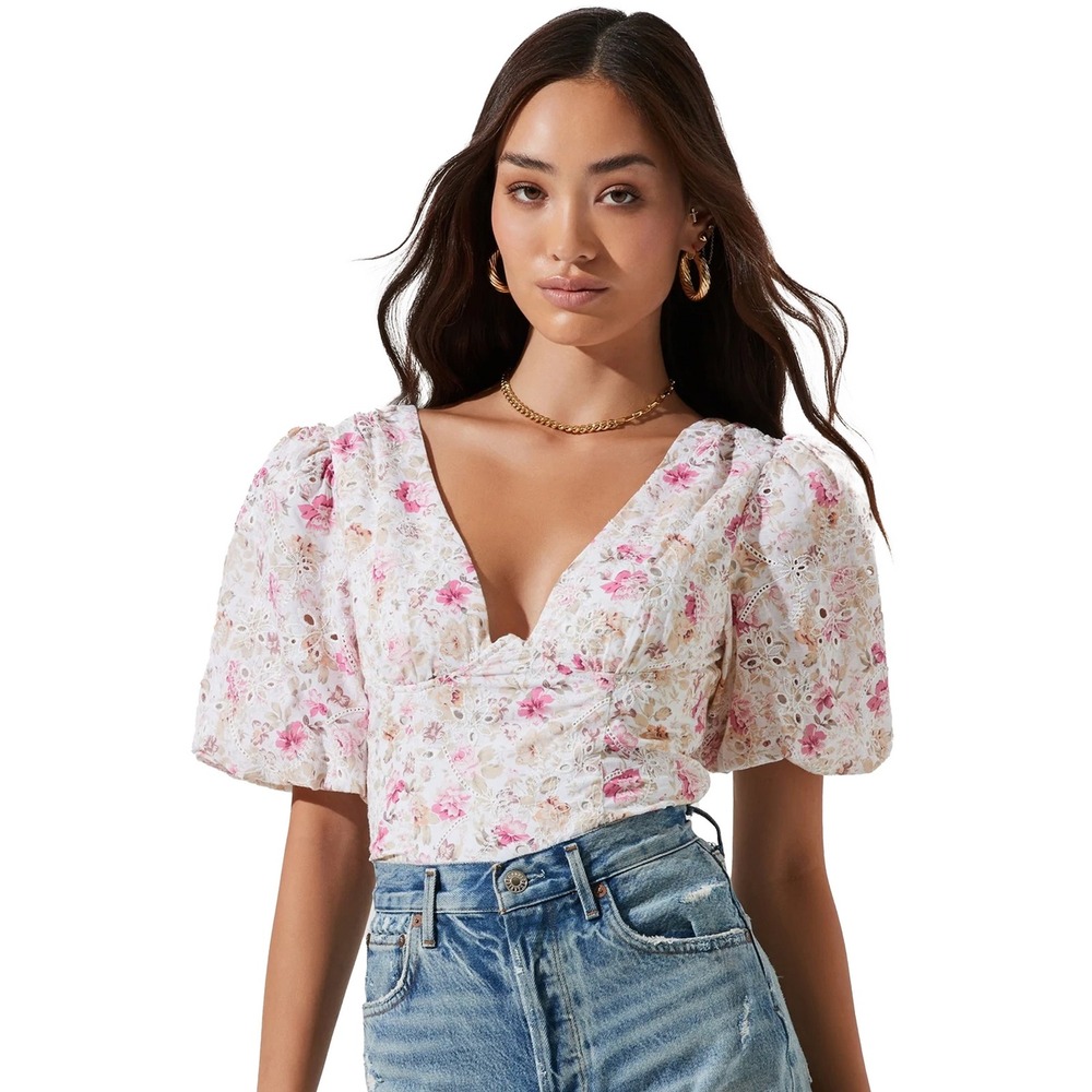 ASTR THE LABEL Crop TOP BEAUMONT FLORAL PUFF SLEEVE white pink XS